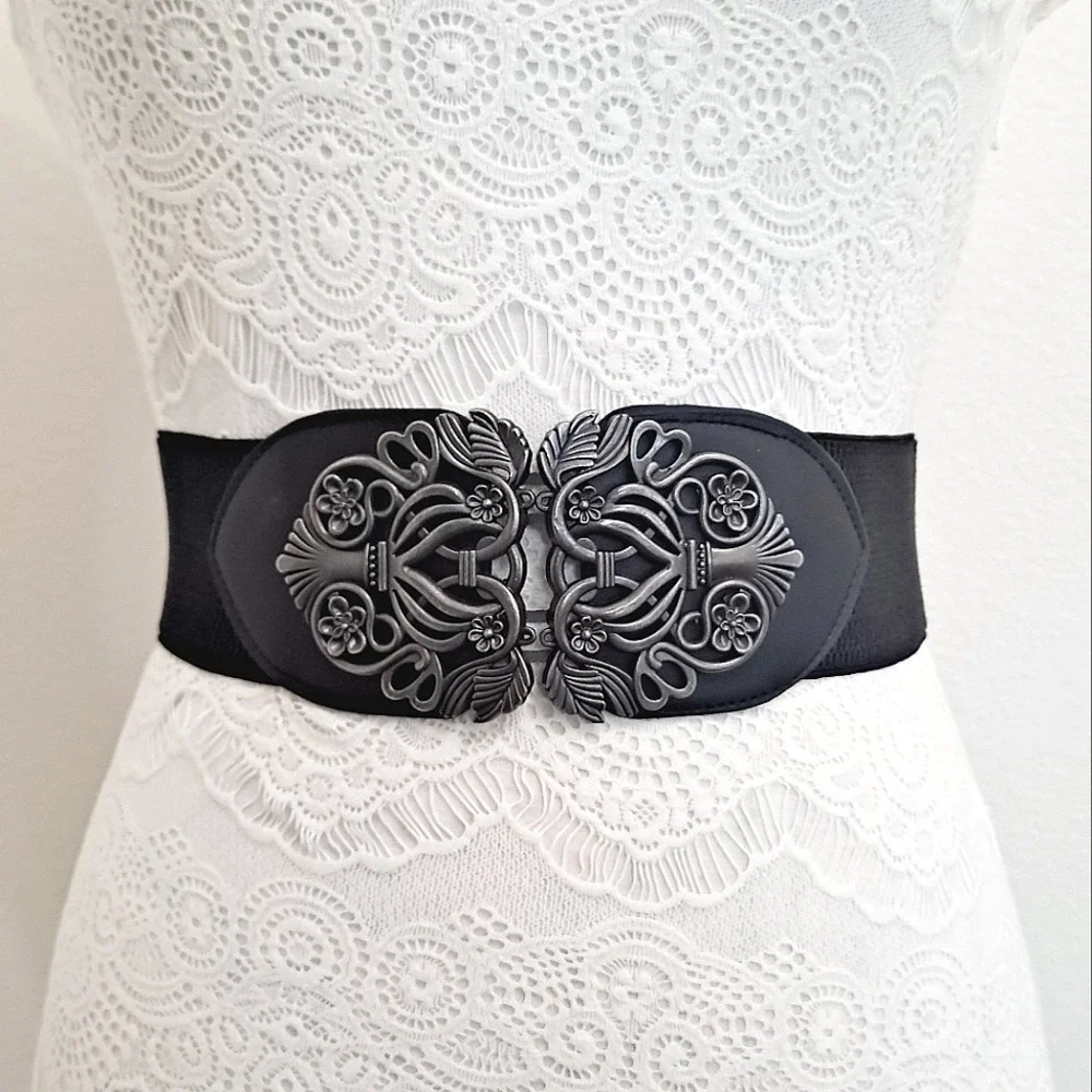 Black Stretch Waist Belt with Decorative Silver-Tone Floral Buckle
